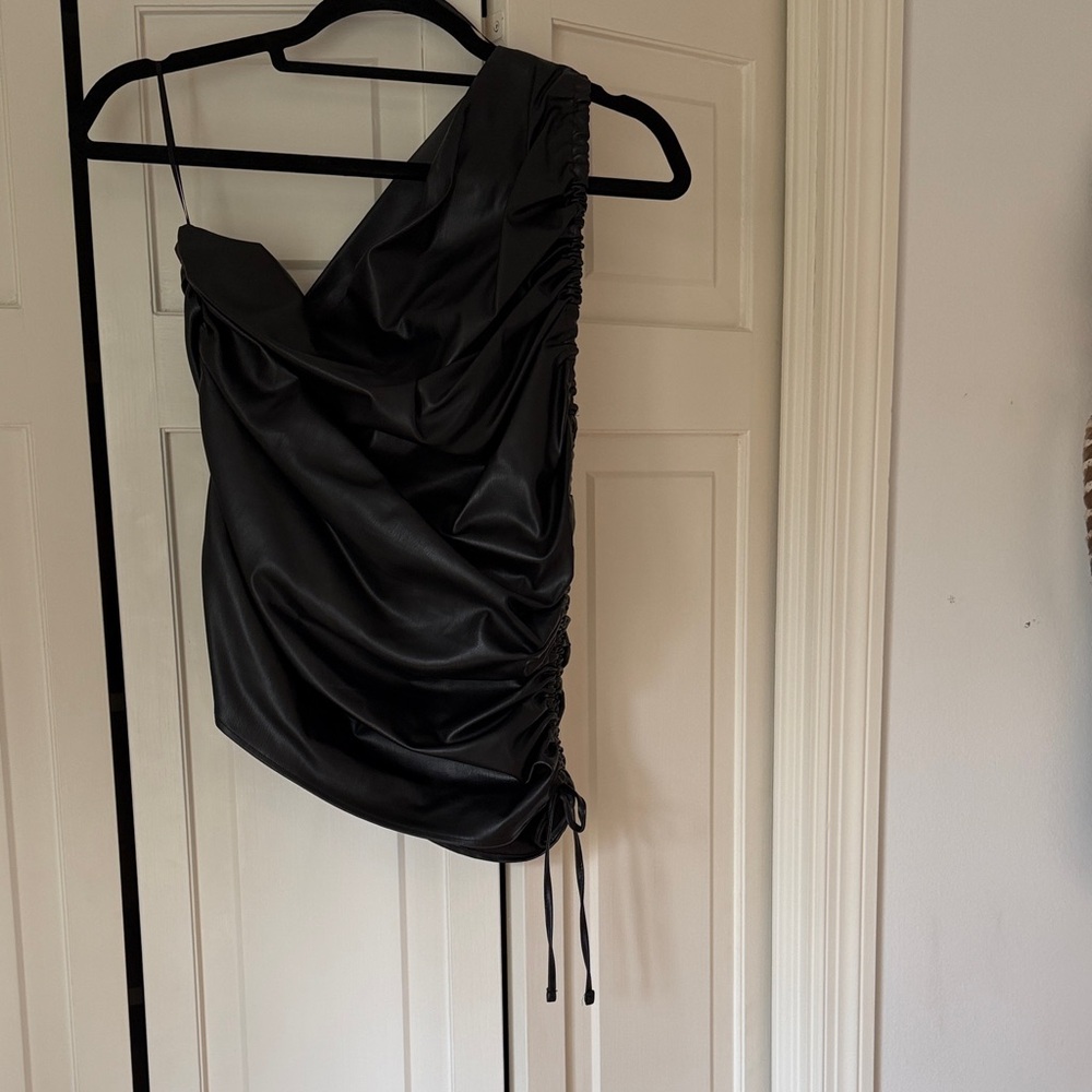 Black Leather One-Shoulder Top - Picture 5 of 5